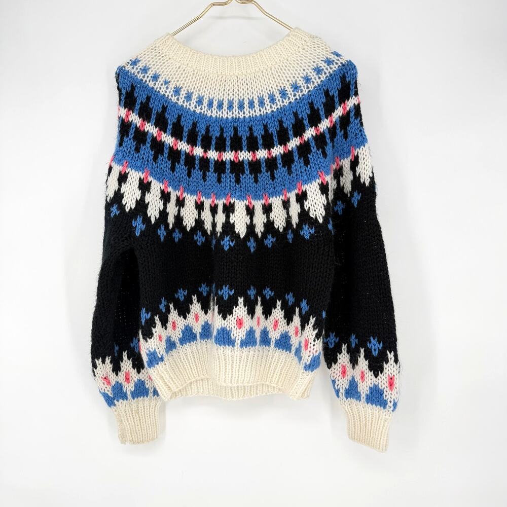 Vintage 90s Hand Knit Fair Isle Chunky Sweater Blue Black Pink Womens Small